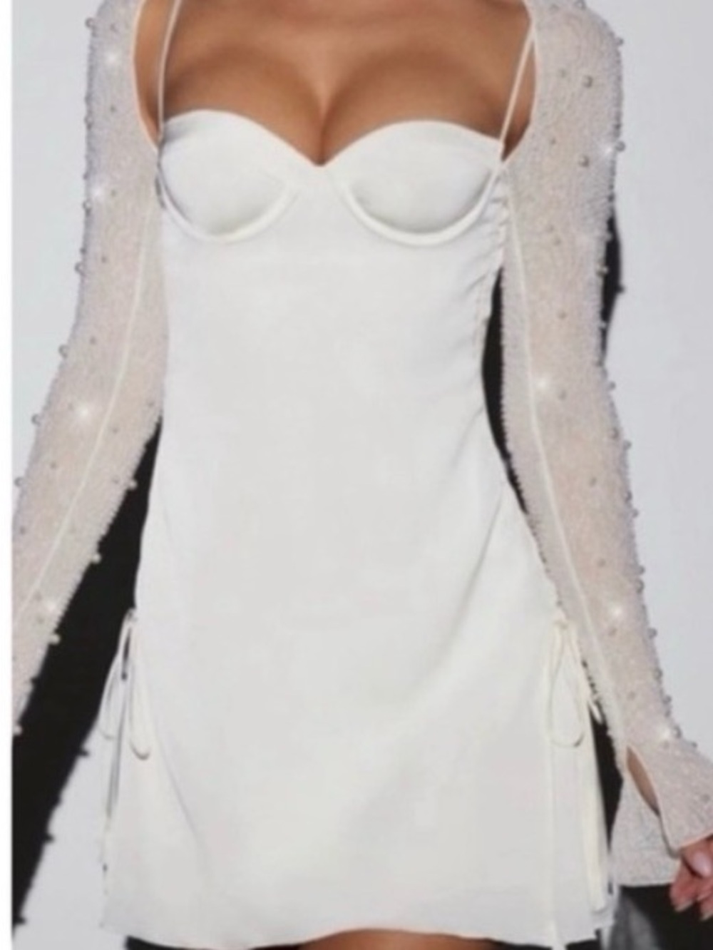 Oh Polly Cream Long sleeve Pearl Embellished dress